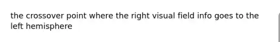 the crossover point where the right visual field info goes to the left hemisphere