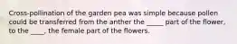 Cross-pollination of the garden pea was simple because pollen could be transferred from the anther the _____ part of the flower, to the ____, the female part of the flowers.