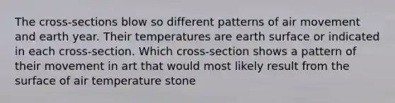 The cross-sections blow so different patterns of air movement and earth year. Their temperatures are earth surface or indicated in each cross-section. Which cross-section shows a pattern of their movement in art that would most likely result from the surface of air temperature stone