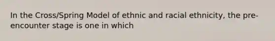 In the Cross/Spring Model of ethnic and racial ethnicity, the pre-encounter stage is one in which