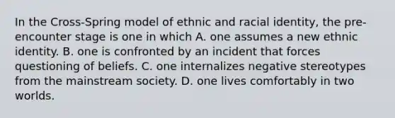 In the Cross-Spring model of ethnic and racial identity, the pre-encounter stage is one in which A. one assumes a new ethnic identity. B. one is confronted by an incident that forces questioning of beliefs. C. one internalizes negative stereotypes from the mainstream society. D. one lives comfortably in two worlds.