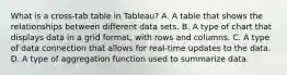 What is a cross-tab table in Tableau? A. A table that shows the relationships between different data sets. B. A type of chart that displays data in a grid format, with rows and columns. C. A type of data connection that allows for real-time updates to the data. D. A type of aggregation function used to summarize data.