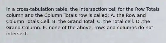 In a cross-tabulation table, the intersection cell for the Row Totals column and the Column Totals row is called: A. the Row and Column Totals Cell. B. the Grand Total. C. the Total cell. D .the Grand Column. E. none of the above; rows and columns do not intersect.