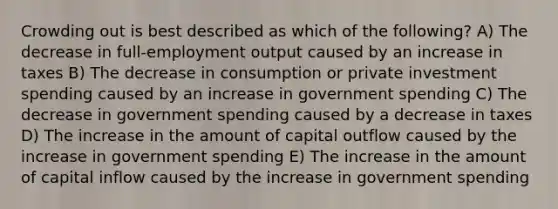 Crowding out is best described as which of the following? A) The decrease in full-employment output caused by an increase in taxes B) The decrease in consumption or private investment spending caused by an increase in government spending C) The decrease in government spending caused by a decrease in taxes D) The increase in the amount of capital outflow caused by the increase in government spending E) The increase in the amount of capital inflow caused by the increase in government spending