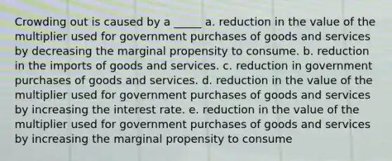 Crowding out is caused by a _____ a. reduction in the value of the multiplier used for government purchases of goods and services by decreasing the marginal propensity to consume. b. reduction in the imports of goods and services. c. reduction in government purchases of goods and services. d. reduction in the value of the multiplier used for government purchases of goods and services by increasing the interest rate. e. reduction in the value of the multiplier used for government purchases of goods and services by increasing the marginal propensity to consume