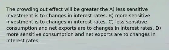 The crowding out effect will be greater the A) less sensitive investment is to changes in interest rates. B) more sensitive investment is to changes in interest rates. C) less sensitive consumption and net exports are to changes in interest rates. D) more sensitive consumption and net exports are to changes in interest rates.