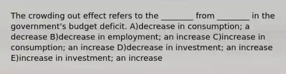 The crowding out effect refers to the ________ from ________ in the government's budget deficit. A)decrease in consumption; a decrease B)decrease in employment; an increase C)increase in consumption; an increase D)decrease in investment; an increase E)increase in investment; an increase