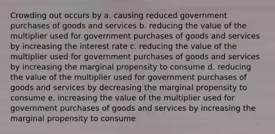 Crowding out occurs by a. causing reduced government purchases of goods and services b. reducing the value of the multiplier used for government purchases of goods and services by increasing the interest rate c. reducing the value of the multiplier used for government purchases of goods and services by increasing the marginal propensity to consume d. reducing the value of the multiplier used for government purchases of goods and services by decreasing the marginal propensity to consume e. increasing the value of the multiplier used for government purchases of goods and services by increasing the marginal propensity to consume