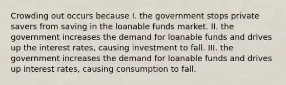 Crowding out occurs because I. the government stops private savers from saving in the loanable funds market. II. the government increases the demand for loanable funds and drives up the interest rates, causing investment to fall. III. the government increases the demand for loanable funds and drives up interest rates, causing consumption to fall.