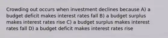 Crowding out occurs when investment declines because A) a budget deficit makes interest rates fall B) a budget surplus makes interest rates rise C) a budget surplus makes interest rates fall D) a budget deficit makes interest rates rise