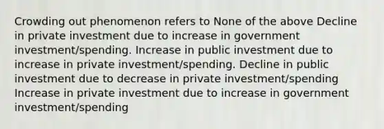 Crowding out phenomenon refers to None of the above Decline in private investment due to increase in government investment/spending. Increase in public investment due to increase in private investment/spending. Decline in public investment due to decrease in private investment/spending Increase in private investment due to increase in government investment/spending