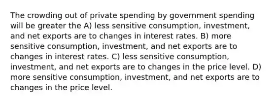 The crowding out of private spending by government spending will be greater the A) less sensitive consumption, investment, and net exports are to changes in interest rates. B) more sensitive consumption, investment, and net exports are to changes in interest rates. C) less sensitive consumption, investment, and net exports are to changes in the price level. D) more sensitive consumption, investment, and net exports are to changes in the price level.