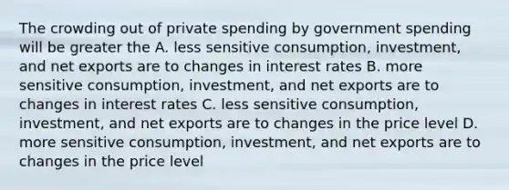 The crowding out of private spending by government spending will be greater the A. less sensitive consumption, investment, and net exports are to changes in interest rates B. more sensitive consumption, investment, and net exports are to changes in interest rates C. less sensitive consumption, investment, and net exports are to changes in the price level D. more sensitive consumption, investment, and net exports are to changes in the price level