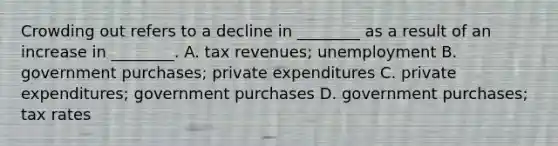 Crowding out refers to a decline in​ ________ as a result of an increase in​ ________. A. tax​ revenues; unemployment B. government​ purchases; private expenditures C. private​ expenditures; government purchases D. government​ purchases; tax rates