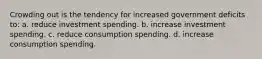 Crowding out is the tendency for increased government deficits to: a. reduce investment spending. b. increase investment spending. c. reduce consumption spending. d. increase consumption spending.