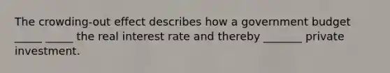 The crowding-out effect describes how a government budget _____ _____ the real interest rate and thereby _______ private investment.