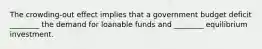 The crowding-out effect implies that a government budget deficit ________ the demand for loanable funds and ________ equilibrium investment.