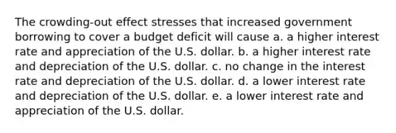 The crowding-out effect stresses that increased government borrowing to cover a budget deficit will cause a. a higher interest rate and appreciation of the U.S. dollar. b. a higher interest rate and depreciation of the U.S. dollar. c. no change in the interest rate and depreciation of the U.S. dollar. d. a lower interest rate and depreciation of the U.S. dollar. e. a lower interest rate and appreciation of the U.S. dollar.