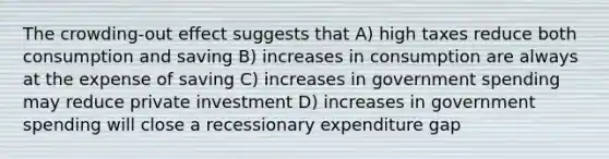 The crowding-out effect suggests that A) high taxes reduce both consumption and saving B) increases in consumption are always at the expense of saving C) increases in government spending may reduce private investment D) increases in government spending will close a recessionary expenditure gap
