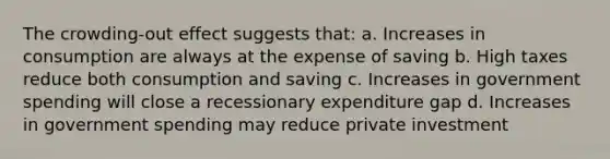 The crowding-out effect suggests that: a. Increases in consumption are always at the expense of saving b. High taxes reduce both consumption and saving c. Increases in government spending will close a recessionary expenditure gap d. Increases in government spending may reduce private investment