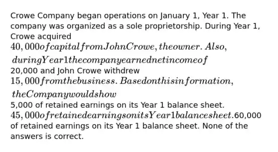 Crowe Company began operations on January 1, Year 1. The company was organized as a sole proprietorship. During Year 1, Crowe acquired 40,000 of capital from John Crowe, the owner. Also, during Year 1 the company earned net income of20,000 and John Crowe withdrew 15,000 from the business. Based on this information, the Company would show5,000 of retained earnings on its Year 1 balance sheet. 45,000 of retained earnings on its Year 1 balance sheet.60,000 of retained earnings on its Year 1 balance sheet. None of the answers is correct.