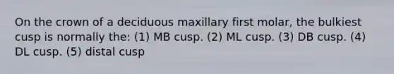 On the crown of a deciduous maxillary first molar, the bulkiest cusp is normally the: (1) MB cusp. (2) ML cusp. (3) DB cusp. (4) DL cusp. (5) distal cusp