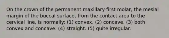 On the crown of the permanent maxillary first molar, the mesial margin of the buccal surface, from the contact area to the cervical line, is normally: (1) convex. (2) concave. (3) both convex and concave. (4) straight. (5) quite irregular.