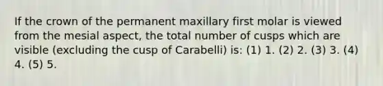 If the crown of the permanent maxillary first molar is viewed from the mesial aspect, the total number of cusps which are visible (excluding the cusp of Carabelli) is: (1) 1. (2) 2. (3) 3. (4) 4. (5) 5.