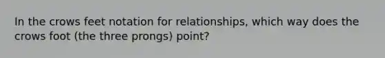 In the crows feet notation for relationships, which way does the crows foot (the three prongs) point?