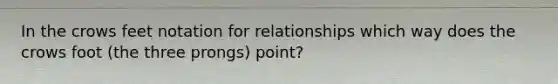 In the crows feet notation for relationships which way does the crows foot (the three prongs) point?