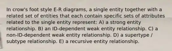 In crow's foot style E-R diagrams, a single entity together with a related set of entities that each contain specific sets of attributes related to the single entity represent: A) a strong entity relationship. B) an ID-dependent weak entity relationship. C) a non-ID-dependent weak entity relationship. D) a supertype / subtype relationship. E) a recursive entity relationship.