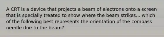 A CRT is a device that projects a beam of electrons onto a screen that is specially treated to show where the beam strikes... which of the following best represents the orientation of the compass needle due to the beam?