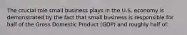 The crucial role small business plays in the U.S. economy is demonstrated by the fact that small business is responsible for half of the Gross Domestic Product (GDP) and roughly half of: