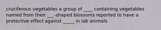 cruciferous vegetables a group of ____ containing vegetables named from their ___-shaped blossoms reported to have a protective effect against _____ in lab animals