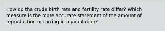 How do the crude birth rate and fertility rate differ? Which measure is the more accurate statement of the amount of reproduction occurring in a population?