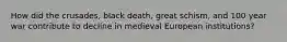 How did the crusades, black death, great schism, and 100 year war contribute to decline in medieval European institutions?