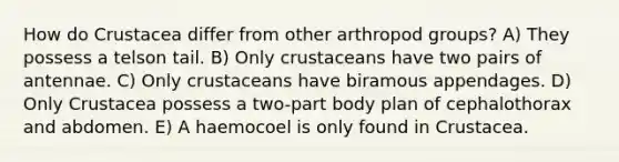 How do Crustacea differ from other arthropod groups? A) They possess a telson tail. B) Only crustaceans have two pairs of antennae. C) Only crustaceans have biramous appendages. D) Only Crustacea possess a two-part body plan of cephalothorax and abdomen. E) A haemocoel is only found in Crustacea.