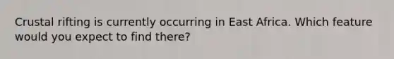 Crustal rifting is currently occurring in East Africa. Which feature would you expect to find there?