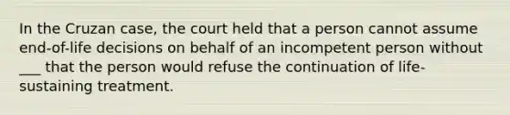 In the Cruzan case, the court held that a person cannot assume end-of-life decisions on behalf of an incompetent person without ___ that the person would refuse the continuation of life-sustaining treatment.