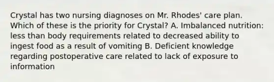 Crystal has two nursing diagnoses on Mr. Rhodes' care plan. Which of these is the priority for Crystal? A. Imbalanced nutrition: less than body requirements related to decreased ability to ingest food as a result of vomiting B. Deficient knowledge regarding postoperative care related to lack of exposure to information