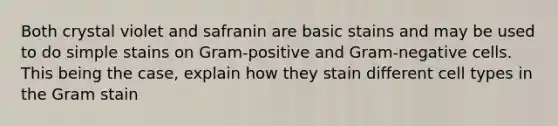 Both crystal violet and safranin are basic stains and may be used to do simple stains on Gram-positive and Gram-negative cells. This being the case, explain how they stain different cell types in the Gram stain