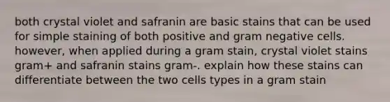 both crystal violet and safranin are basic stains that can be used for simple staining of both positive and gram negative cells. however, when applied during a gram stain, crystal violet stains gram+ and safranin stains gram-. explain how these stains can differentiate between the two cells types in a gram stain