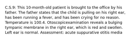 C.S.9: This 10-month-old patient is brought to the office by his father. The father states that the child is pulling on his right ear, has been running a fever, and has been crying for no reason. Temperature is 100.4. Otoscopicexamination reveals a bulging tympanic membrane in the right ear, which is red and swollen. Left ear is normal. Assessment: acute suppurative otitis media