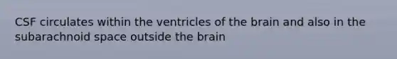 CSF circulates within the ventricles of <a href='https://www.questionai.com/knowledge/kLMtJeqKp6-the-brain' class='anchor-knowledge'>the brain</a> and also in the subarachnoid space outside the brain