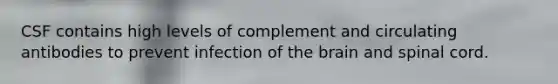 CSF contains high levels of complement and circulating antibodies to prevent infection of the brain and spinal cord.