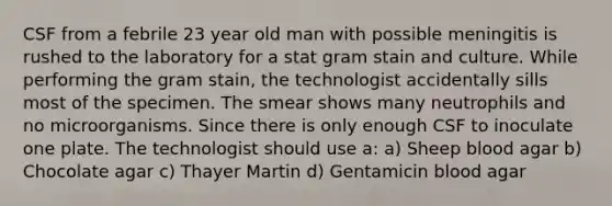 CSF from a febrile 23 year old man with possible meningitis is rushed to the laboratory for a stat gram stain and culture. While performing the gram stain, the technologist accidentally sills most of the specimen. The smear shows many neutrophils and no microorganisms. Since there is only enough CSF to inoculate one plate. The technologist should use a: a) Sheep blood agar b) Chocolate agar c) Thayer Martin d) Gentamicin blood agar