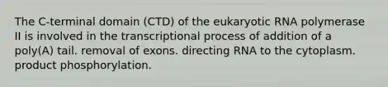 The C-terminal domain (CTD) of the eukaryotic RNA polymerase II is involved in the transcriptional process of addition of a poly(A) tail. removal of exons. directing RNA to the cytoplasm. product phosphorylation.