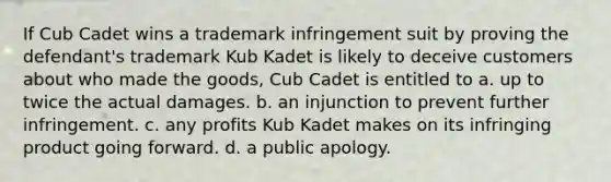 If Cub Cadet wins a trademark infringement suit by proving the defendant's trademark Kub Kadet is likely to deceive customers about who made the goods, Cub Cadet is entitled to a. up to twice the actual damages. b. an injunction to prevent further infringement. c. any profits Kub Kadet makes on its infringing product going forward. d. a public apology.