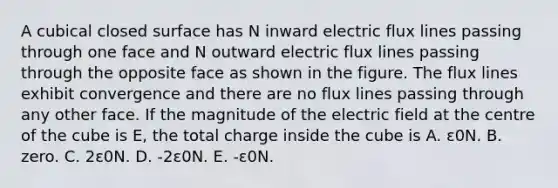 A cubical closed surface has N inward electric flux lines passing through one face and N outward electric flux lines passing through the opposite face as shown in the figure. The flux lines exhibit convergence and there are no flux lines passing through any other face. If the magnitude of the electric field at the centre of the cube is E, the total charge inside the cube is A. ε0N. B. zero. C. 2ε0N. D. -2ε0N. E. -ε0N.