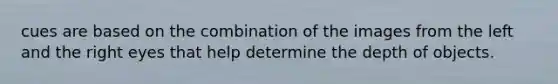cues are based on the combination of the images from the left and the right eyes that help determine the depth of objects.